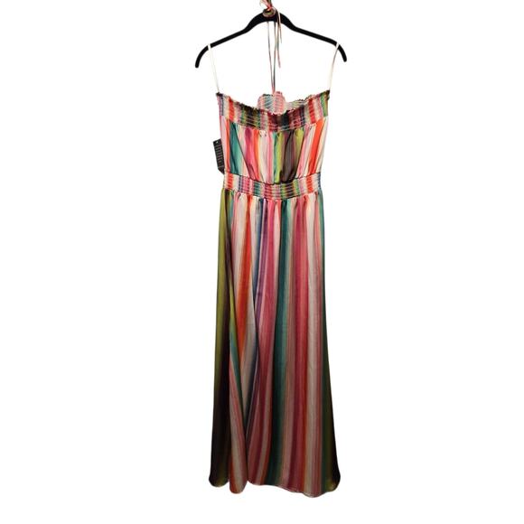 Boston Proper NWT Rainbow Stripe Maxi Dress Womens SM Tie Neck Colorful Boho - Picture 2 of 16